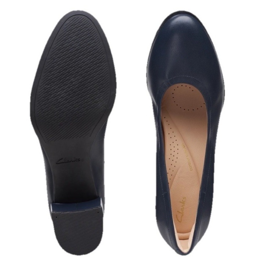 Clarks 10 M Freva 55 Court Pumps Navy Leather Classic Career Block Heels $110 - Picture 6 of 16